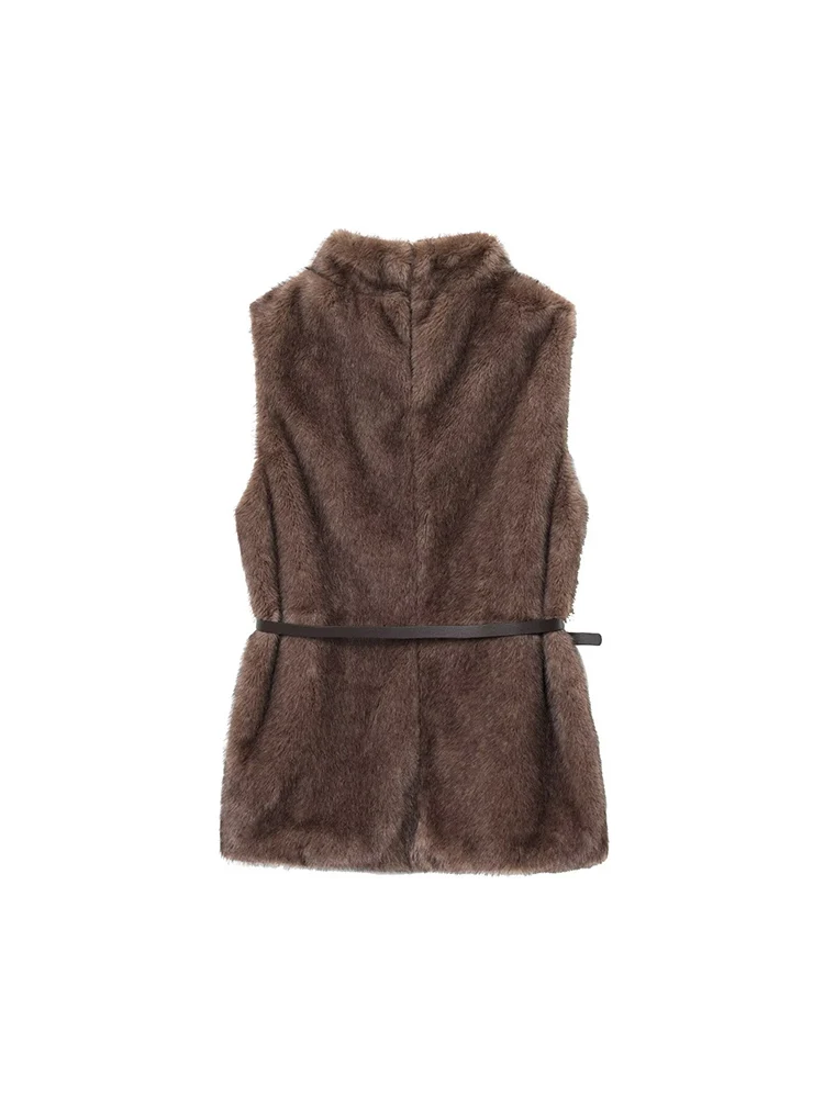 النمط الأوروبي والأمريكي الخريف أزياء المرأة الجديدة عارضة مزاجه بسيط تأثير الفراء الاصطناعي بلا أكمام مع مقبس الحزام