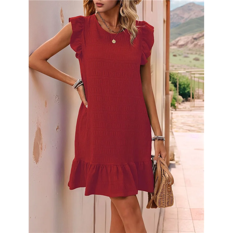 【Decorazione per feste】Vestiti estivi da donna, girocollo, maniche ad aletta, orlo con volant, mini abito grembiule casual