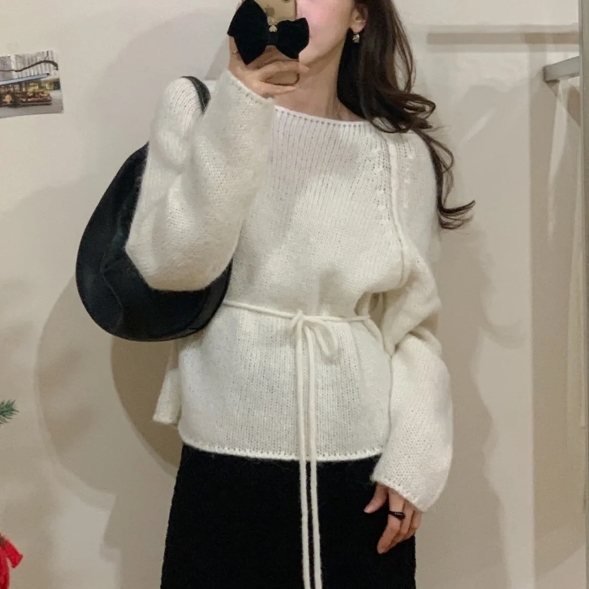 

Chic Women's Sweater Belted Versatile Simple Ele Sweet Sle Long Sve Soft Knitted Top for Autumn Winter Faion