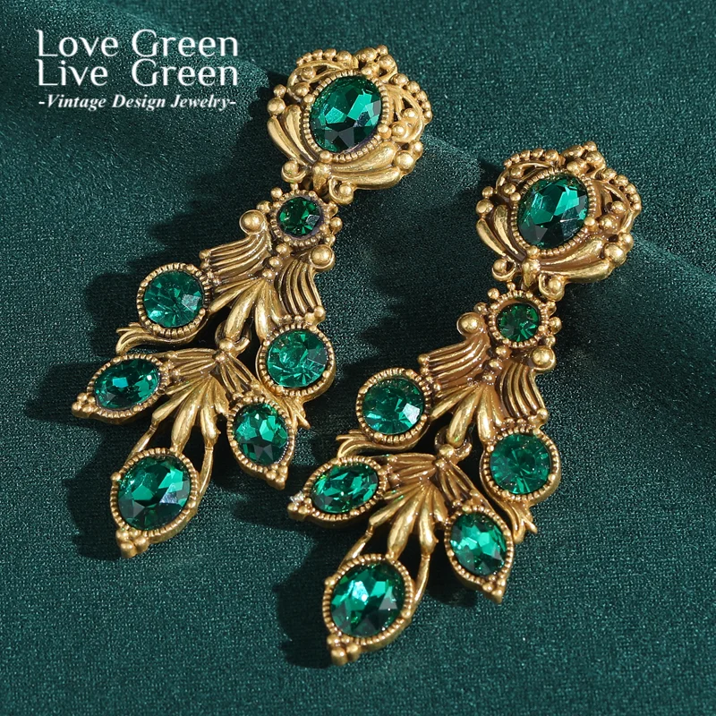 

Vintage Green Crystal Large Earrings Summer 2025 Drop Earring Antique Gold Color Jewelry Luxury Unique For Woman Christmas 2025