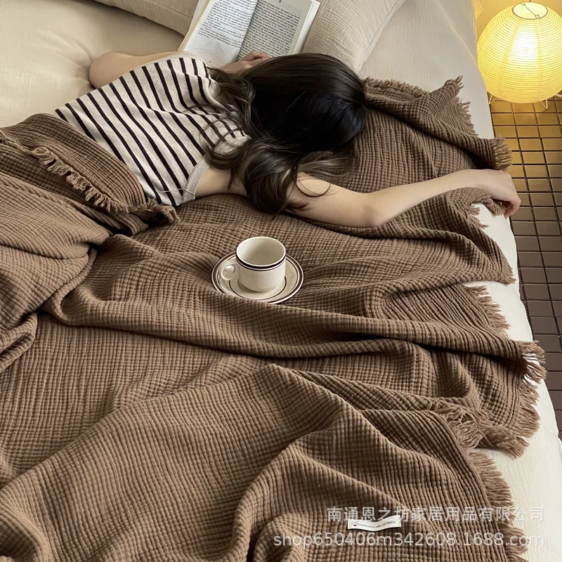 Manta de gasa peinado de cuatro capas de estilo japonés, manta de bebé con flecos de Jacquard, manta para siesta de oficina