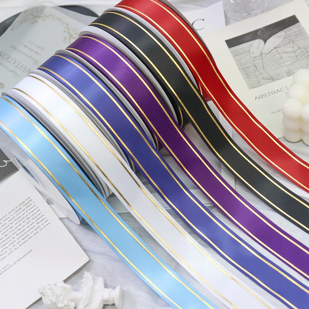 1'' 25mm Gold Silver Double Horizontal Stripe Printed Satin Ribbon For Gift Packaging Party Decoration DIY Sewing Accessories
