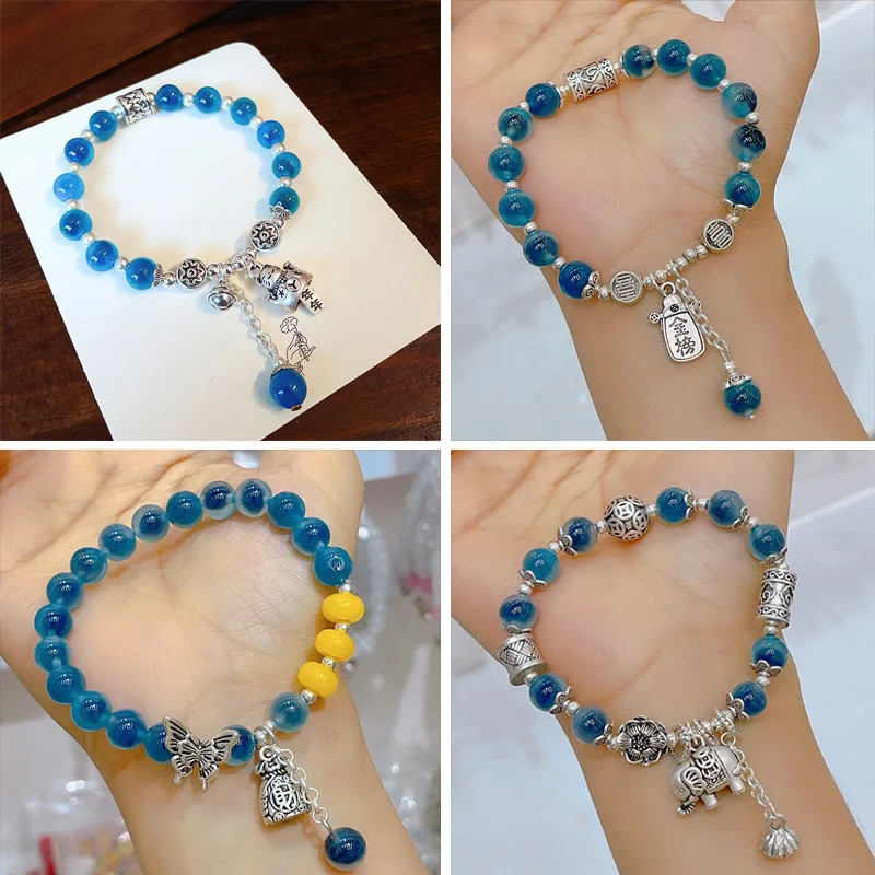 

Vintage Ethnic Sugar Agate Womens Chinese Style Buddhist Prayer Bead Silver Inlay Thangka Bracelet Charms Luck Fortune Blessing
