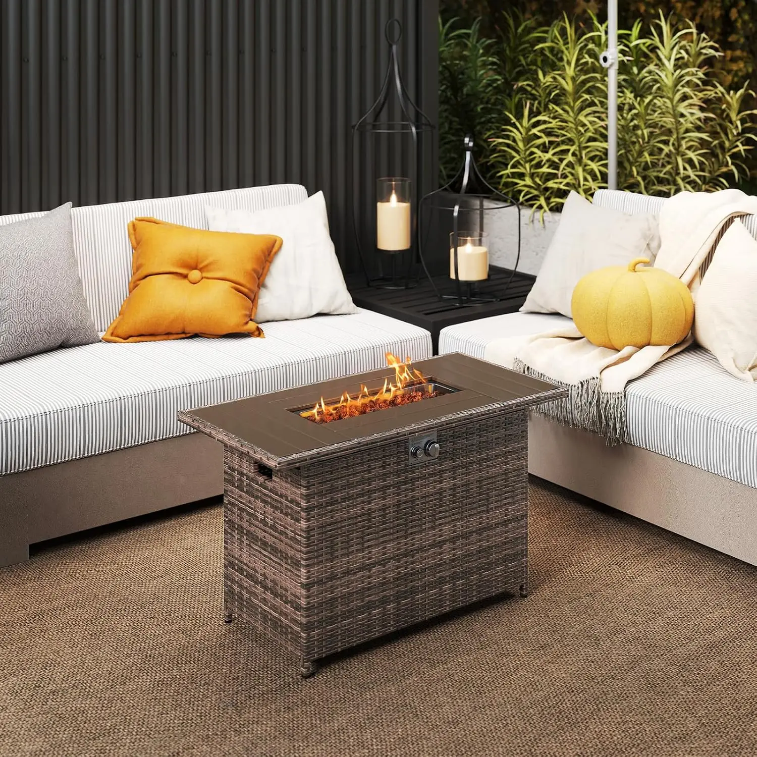 44.5 Inch Propane Fire Pit Table, Outdoor Rattan Gas Firepit with Metal Tabletop & Stainless Burner, Rectangle Fire Customized