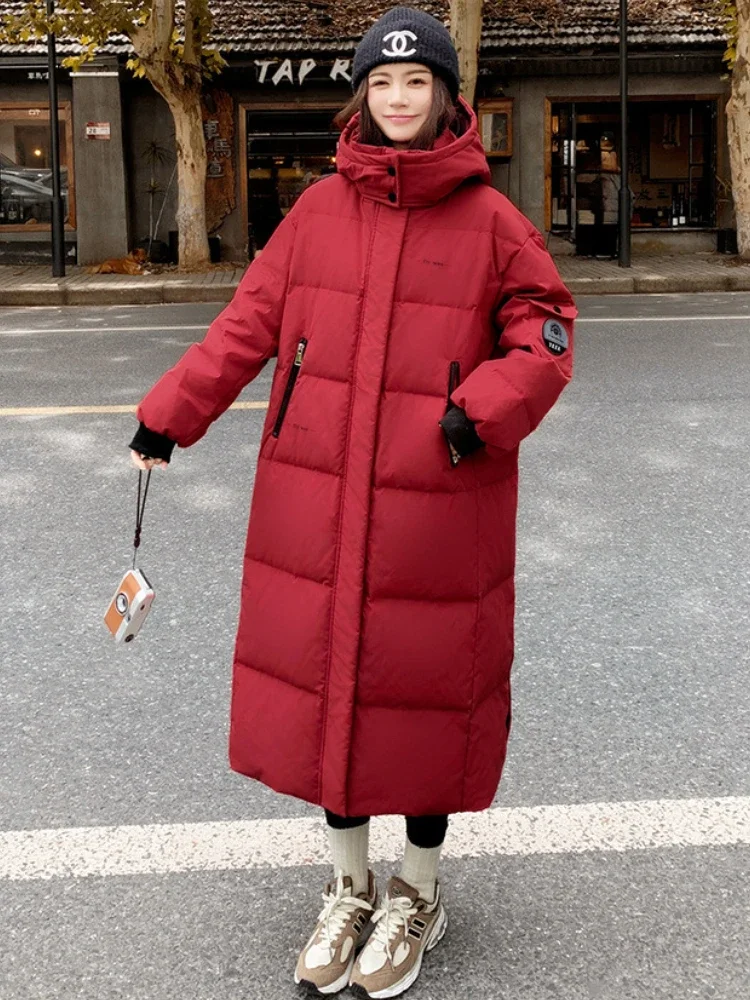 Super Thicken Red Down Jacket Winter High-Quality Hooded Long Loose Korean Chic Slim Fit Large Size White Duck Puffer Coat Women