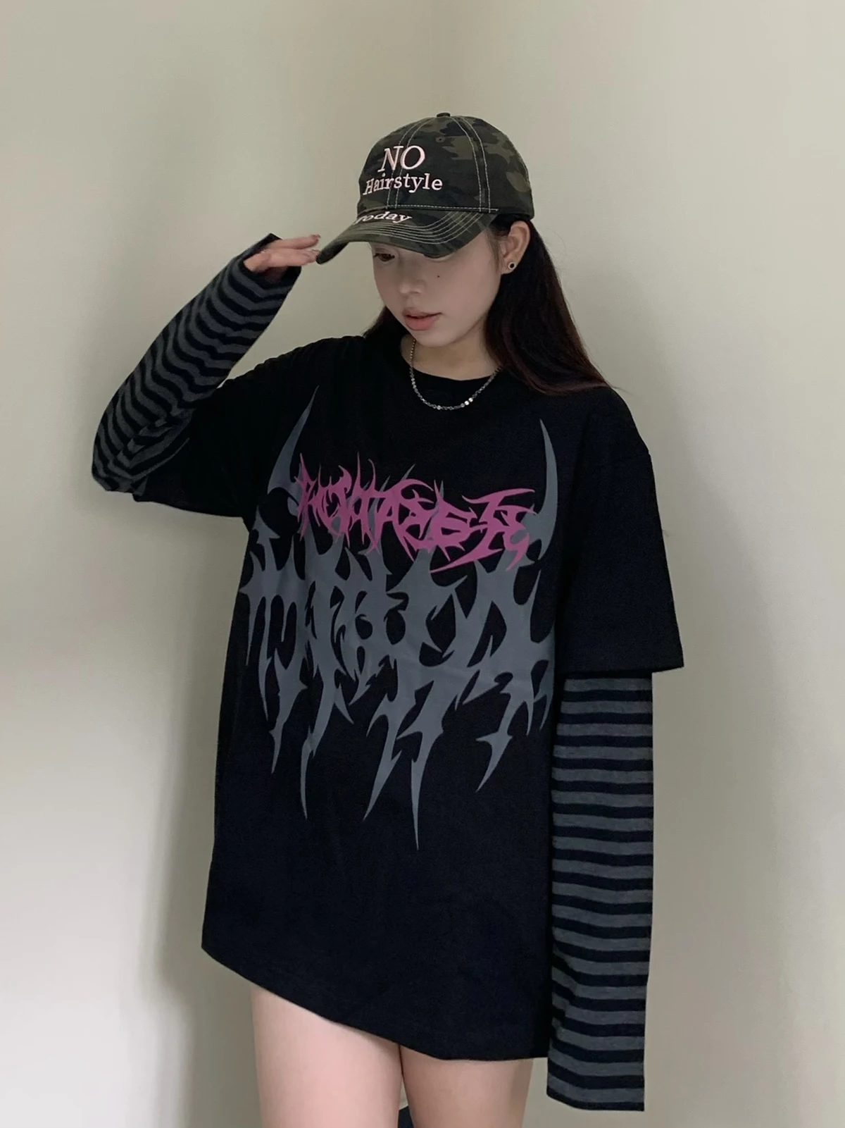 Japanese Mine Style Subculture Harajuku Fake Two-piece Splicing Long Sleeve Round Neck Loose Casual T-shirt Top For Women Autumn image 6