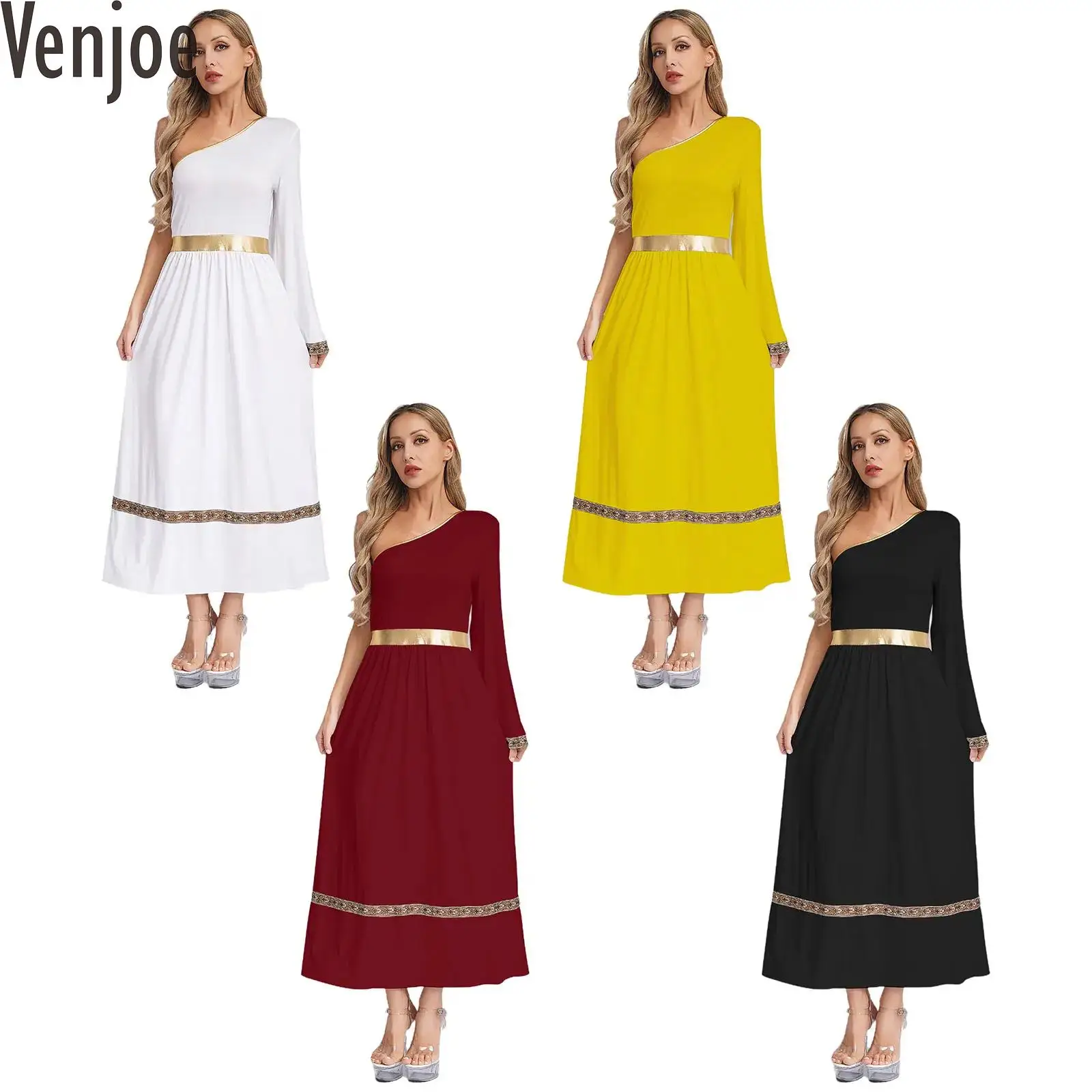 

Women Ancient Greek Costume Grecian Princess Queen Robe Dress One Shoulder Dress with Belt for Halloween
