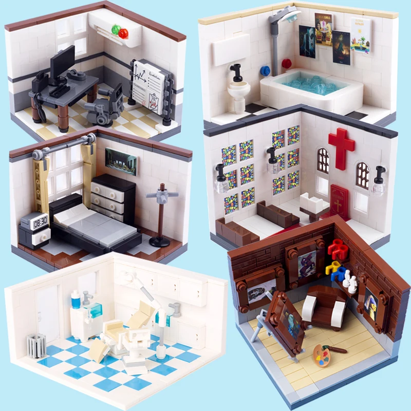 MOC City Scene Street View Accessories Building Blocks Creative Church Office Bathroom Studio BedRoom House DIY Bricks Toy Gifts