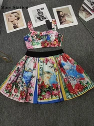 Vintage landscape print strapless two-piece halter set 2024 summer women's new + elastic waist loose poufy skirt fashion set