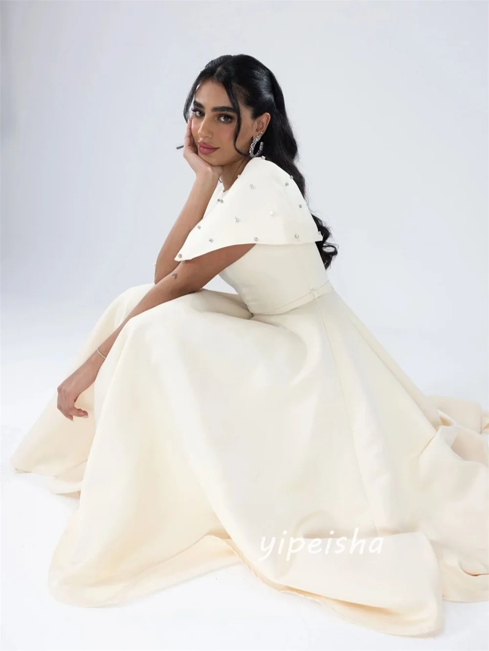 Customized Simple Exquisite Jersey Pleat Rhinestone A-line High Collar Ankle Length Evening Dresses Pastrol for Woman 4
