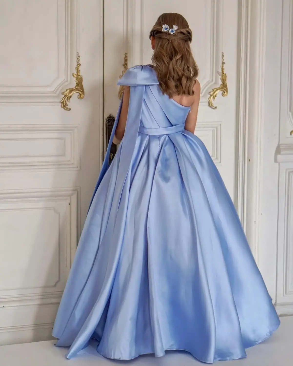 Cetim um ombro vestido da menina de flor com arco casamento princesa pageant vestido de festa inchado formal primeira comunhão vestido de baile