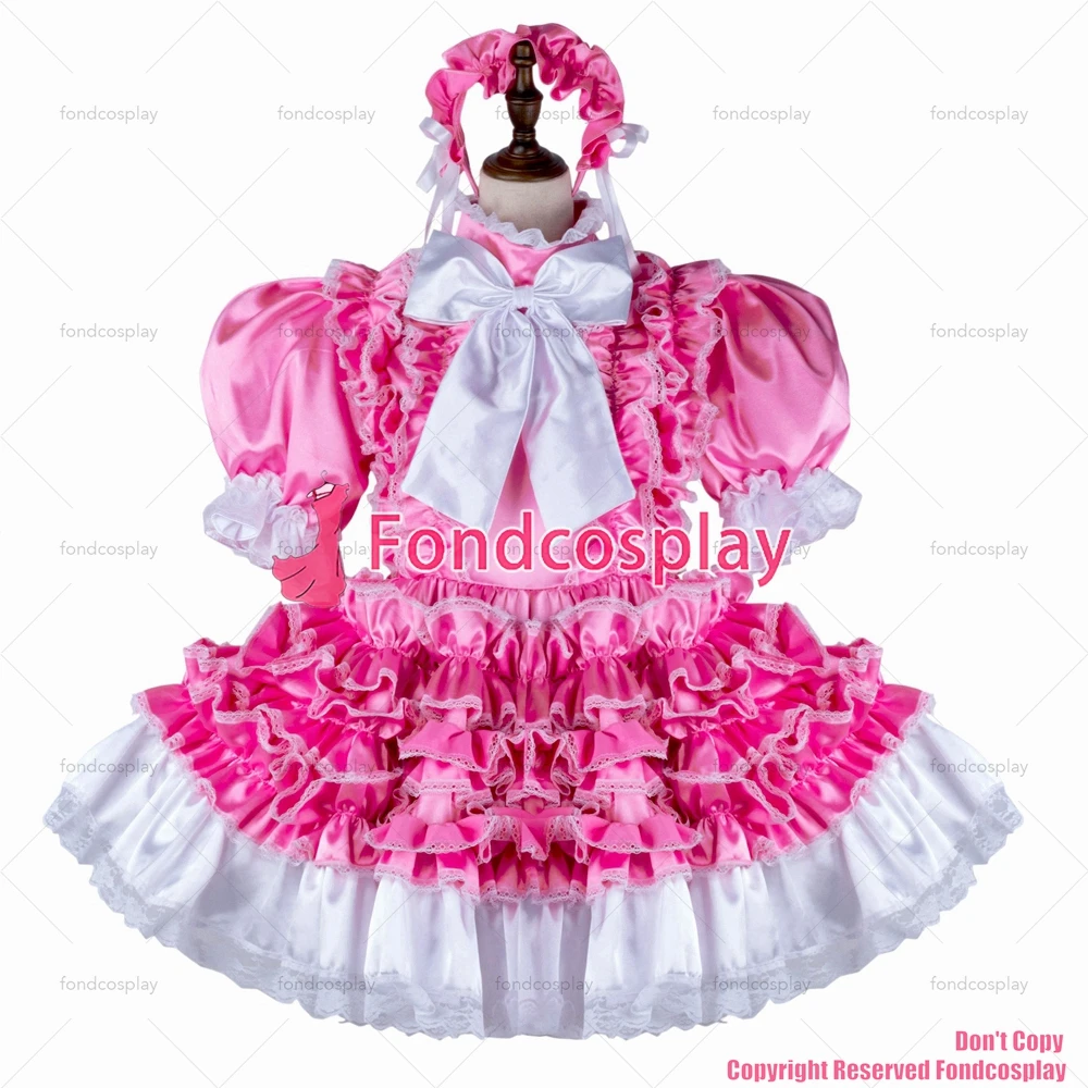 fondcosplay adult sexy cross dressing sissy maid short pink satin dress lockable Uniform cosplay costume CD/TV[G2283]