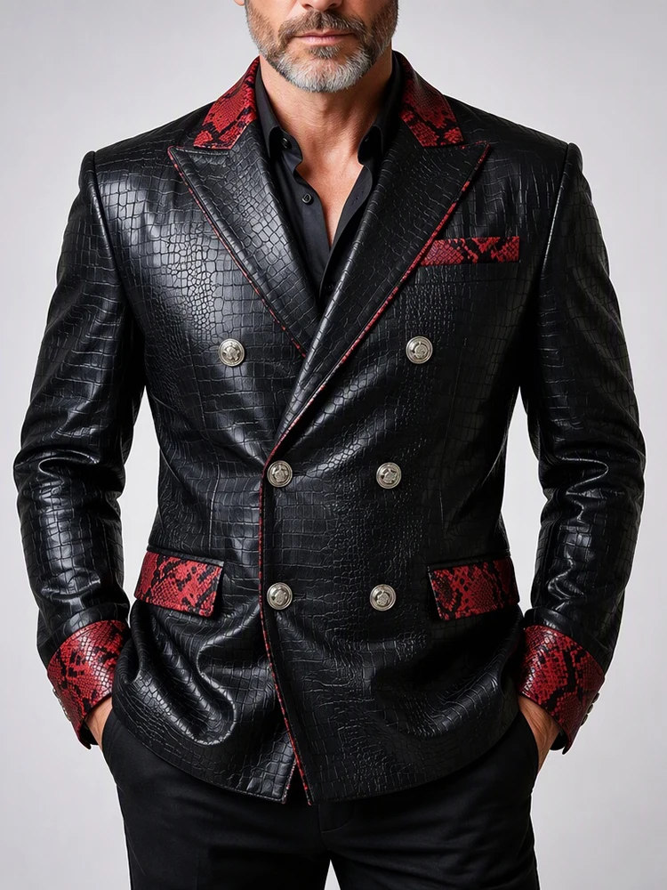 Men's High Quality Black Croc Faux Leather Blazer Red Snake Print Contrast Lapel Double Breasted Jacket Party Evening Outerwear