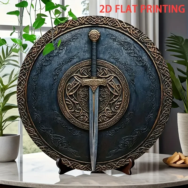 2D Flat, 1pc Viking Shield Wall Art with Ancient Sword - Wrought Iron Round Decorative Sign, 2D Flat Printed Norse Design for Li