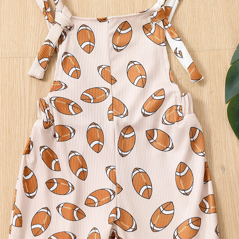 민소매 백리스 축구 프린트 롬퍼, 아기 소녀 스트랩 점프수트, 벨 하의