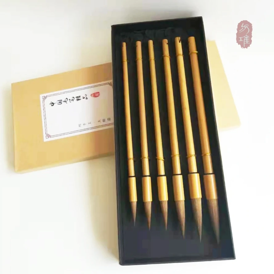 6 pcs Chinese Brush Painting Calligraphy Writing Lian Brush Bamboo Penholder Weasel Hair Drawing Pen brush Art Painting Supplies