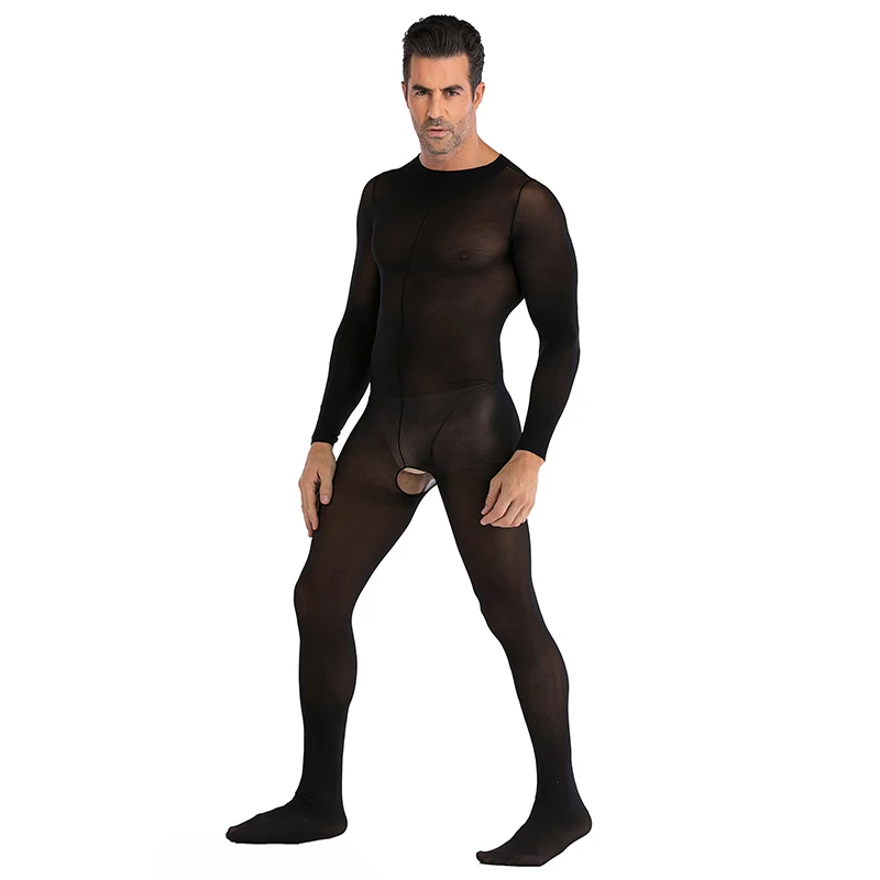 

Male Bodysuit Underwear See Through Sleepwear Fashion Thin Sexy Breathable Stockings Long Sleeve Lingerie Mesh