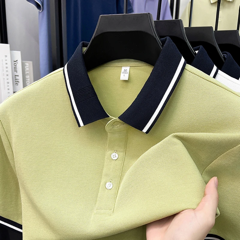 High end short sleeve men polo shirt fashion summer breathable lightweight casual luxury new unique color blocked lapel T-shirt