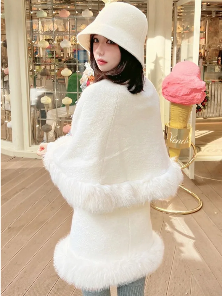 High Quality Winter Plush Thick Warm Wool Two Piece Set For Women Cloak Coat + Skirt Suits Girl Korean Sweet 2 Piece Outfits