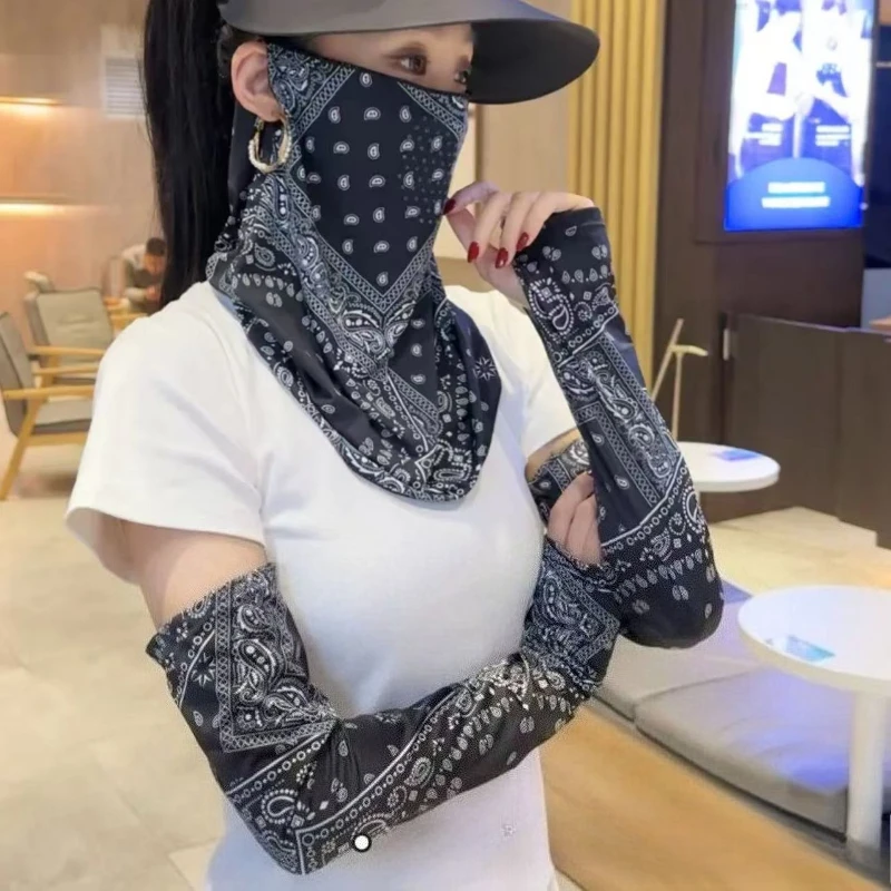 Fashion Ice Silk Sun Protection Set, Earloop Face Mask & Finger Hole Arm Sleeves, Anti-UV for Driving Cycling Outdoor Men Women