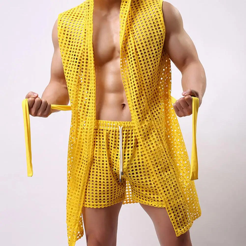 Mannen Nachtkleding Trekkoord Trekkoord Nachtjapon Mannen Sexy Lace-up Mesh Nacht Gewaad Hollow Out Loungewear Zomer Sheer Mesh badjas