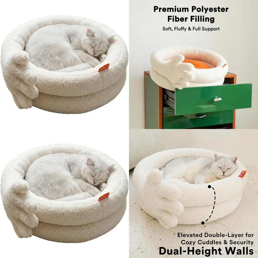 

Round Cozy Fleece Cat Bed for Small Pets, Washable Cover, 21x26x9