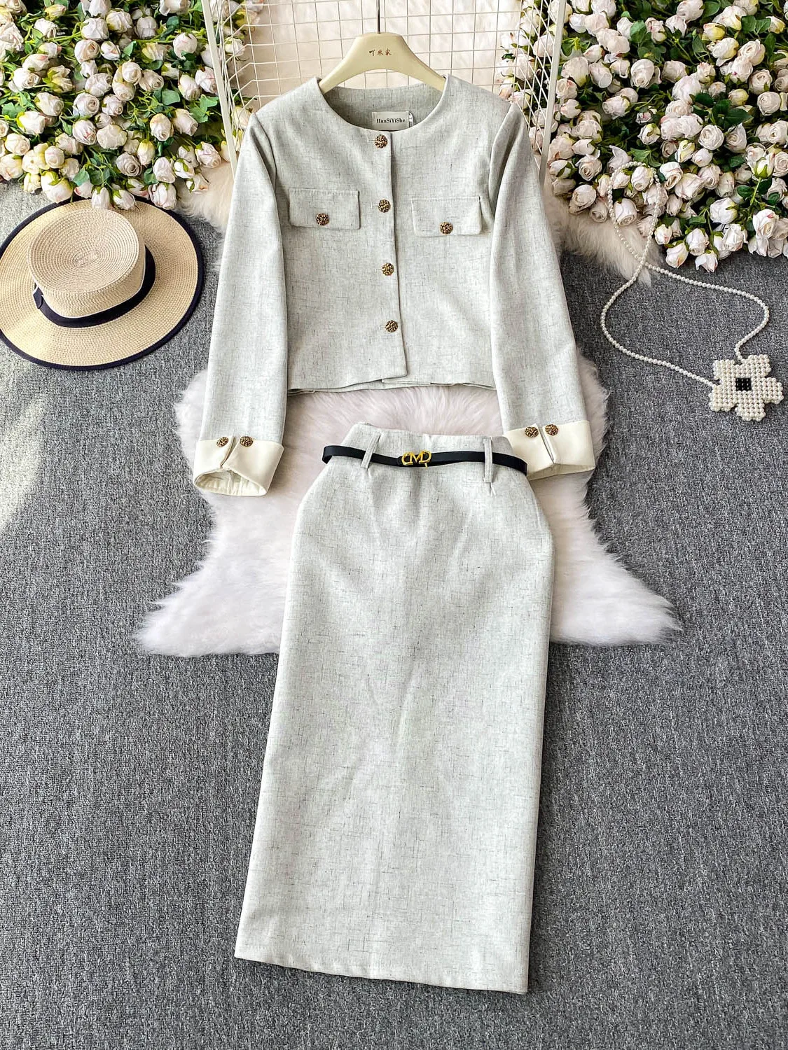 

Ele, круглый топ и юбка Ne Long Sve на одной пуговице, комплект с высокой талией, утягивающая длинная юбка с разрезом, модный женский ансамбль