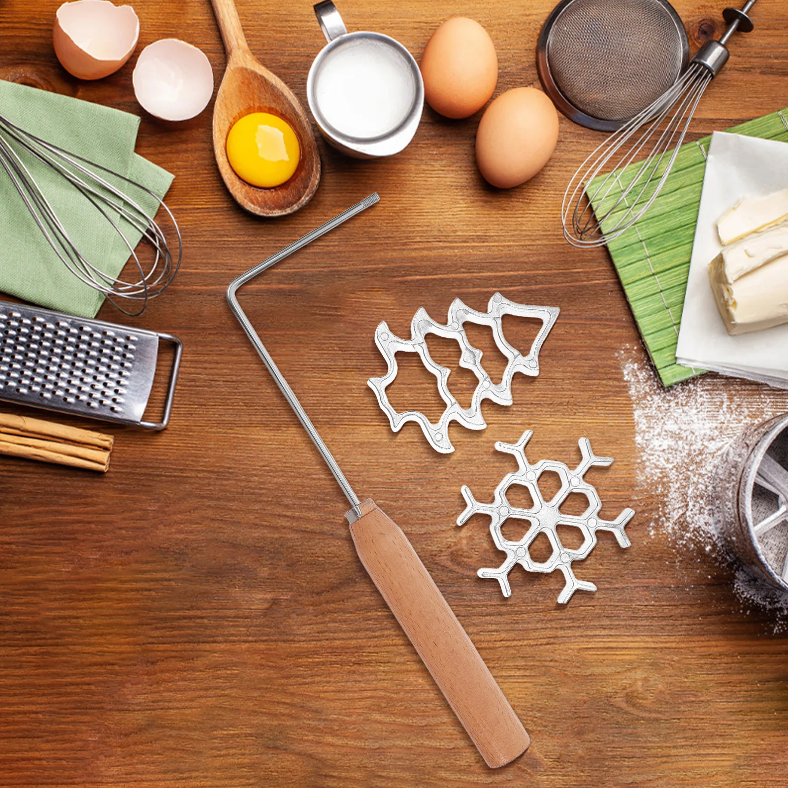 Conjunto de moldes de metal para biscoitos, 3 peças, waffle, timbale para festas caseiras, rosetas, guloseimas festivas, alça segura