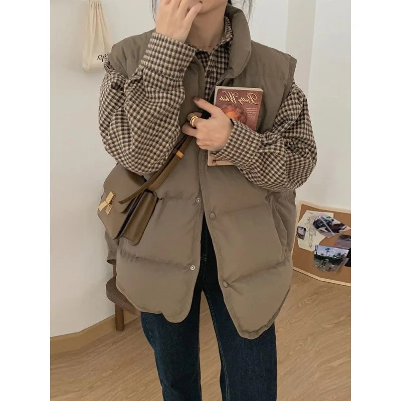 

New Korean Loose Student Shoulder Bared Vest Outerwear JacketWomen's Short down Cotton Vest 2025 Autumn Winter