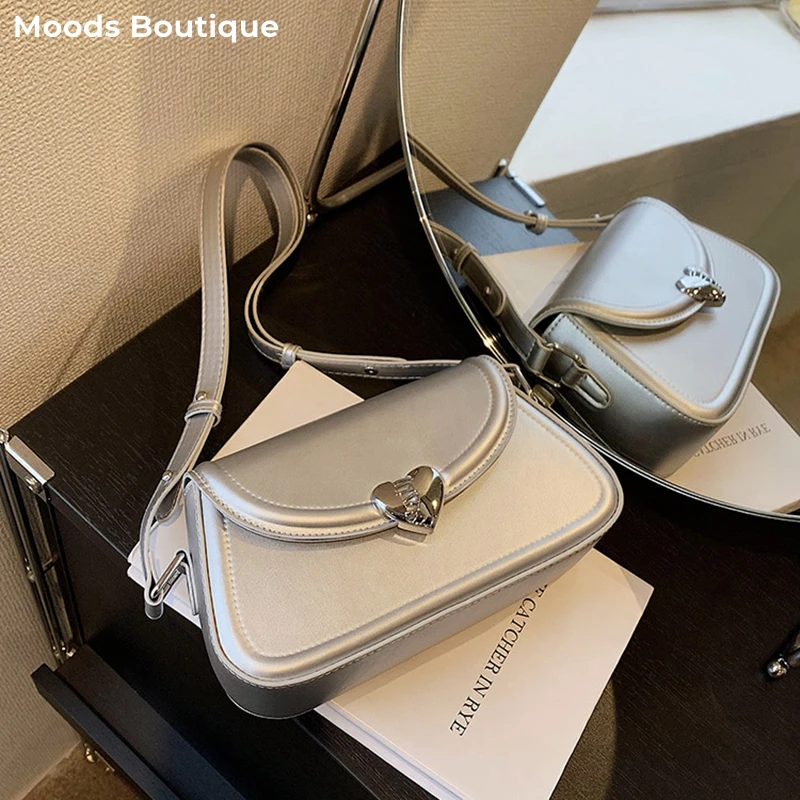 MOODS Loving Heart Buckle Crossbody Bags For Women 2023 Luxury Designer Handbags Silver Color Small Shoulder Underarm Phone Bag