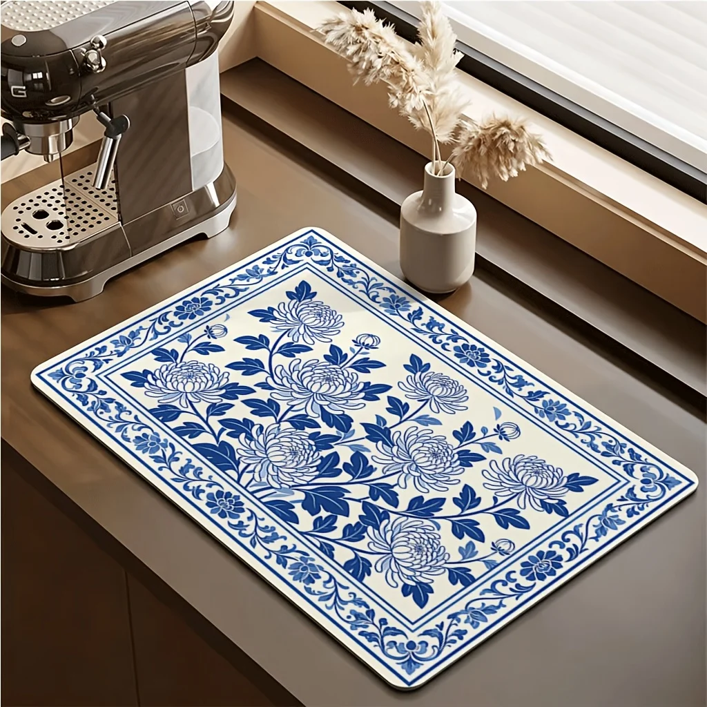 Blue White Chinoiserie Floral Fast Drying Mat Super Absorbent Tableware Countertop Pad Heat Resistant Home Placemats