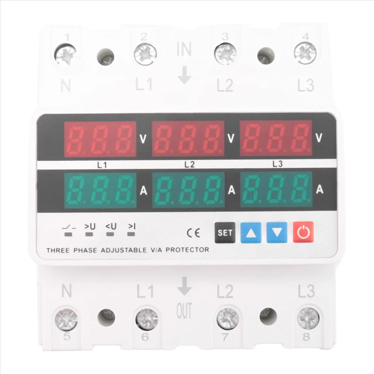 TCE 3 Phase Adjustable over and Under Voltage Protector Voltmeter Ammeter Monitor 3P4W Din Rail Current Limit Protection 63A