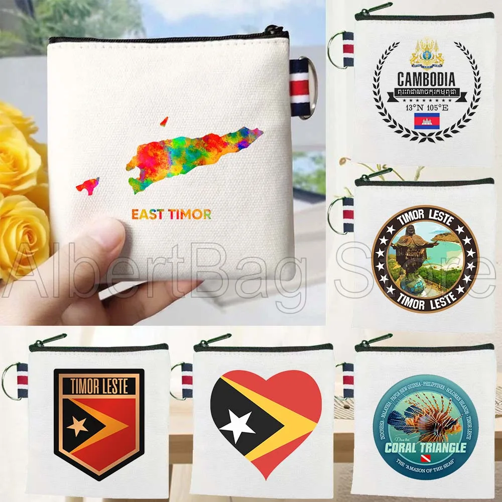 

Timor Leste Map Flag Cambodia Birthday Gifts Canvas Key Coin Purse Small Square Cotton Bag Storage Card Wallets Holders Pouch