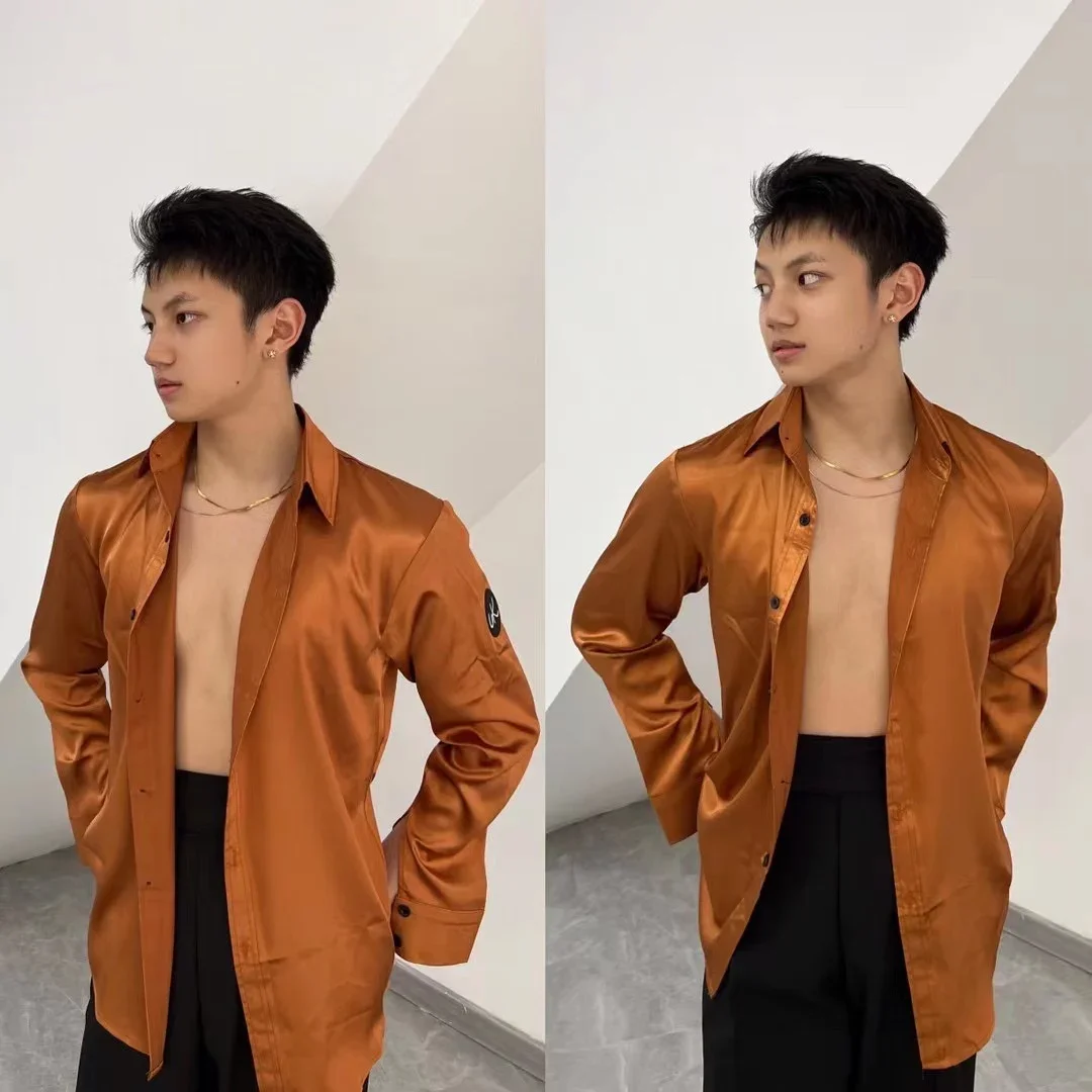 メンズ長袖光沢のあるサテンシャツラテンダンス競技服大人チャチャルンバラテンダンスパフォーマンス服 DQS11636