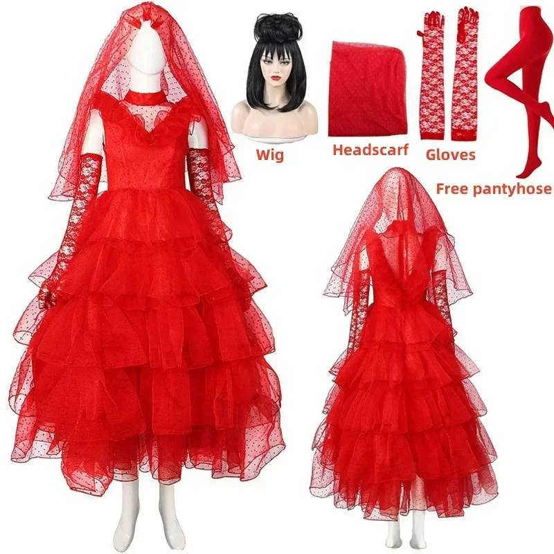 Escarabajo novia Lydia Deetz disfraz Lydia mujer vestido de novia gótico vestido rojo trajes de Halloween con velo