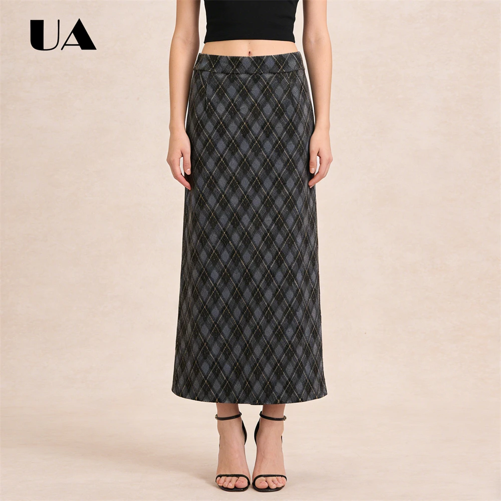 Retro Brushed Plaid Skirt for Women 2026 New Autumn High Waist Fashion Skirts, Hip Hugging Split Straight Skirts