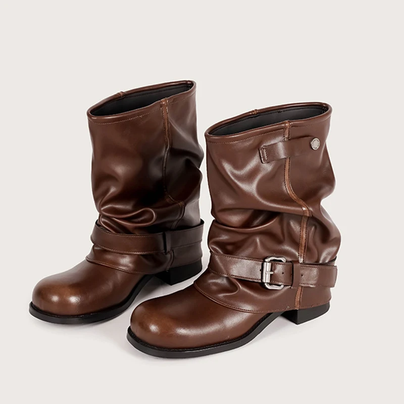 

2025 Women Shoes New Western-style Cowboy Boots Pleated Piles of Mid-tube Brown Long Boots Retro Polished Knight Platform Boots