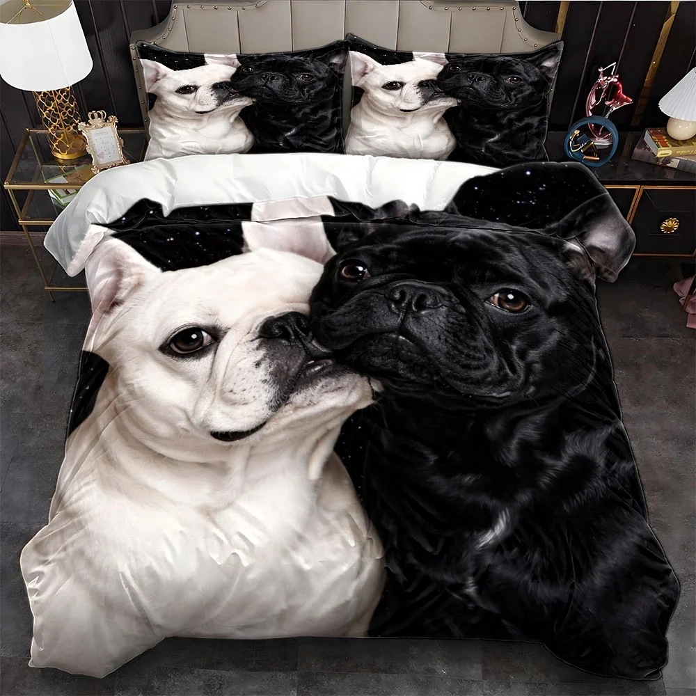 3Pcs Black and White French Bulldog Print Duvet Cover Set with 1Pc Duvet Cover and 2Pcs Pillowcases Bedding Accessories Quilt Cover