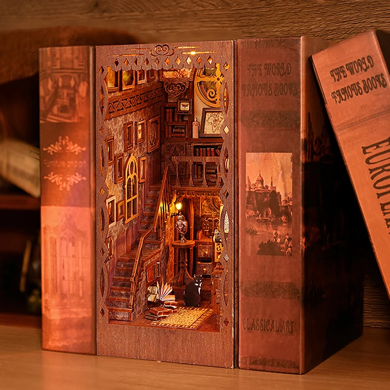 DIY Book Nook Kit 3D Wooden Miniature Dollhouses Puzzle Bookshelf Insert Decor With LED Light Building Model Toys For Gifts