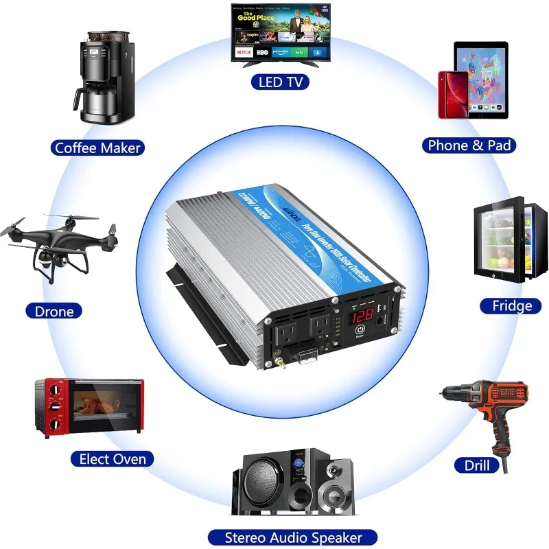 200W Pure Sine Wave Power Inverter  AC with 20A Solar Charge Control Lithium Battery Compatible