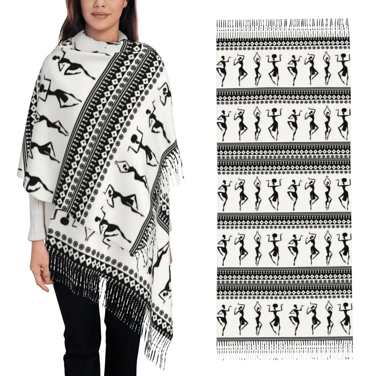 

African Bogolan Africa Ethnic Tribal Art Scarf Tassel Scarves Women Soft Warm Shawls and Wraps Long Fall Winter Shawl Wrap