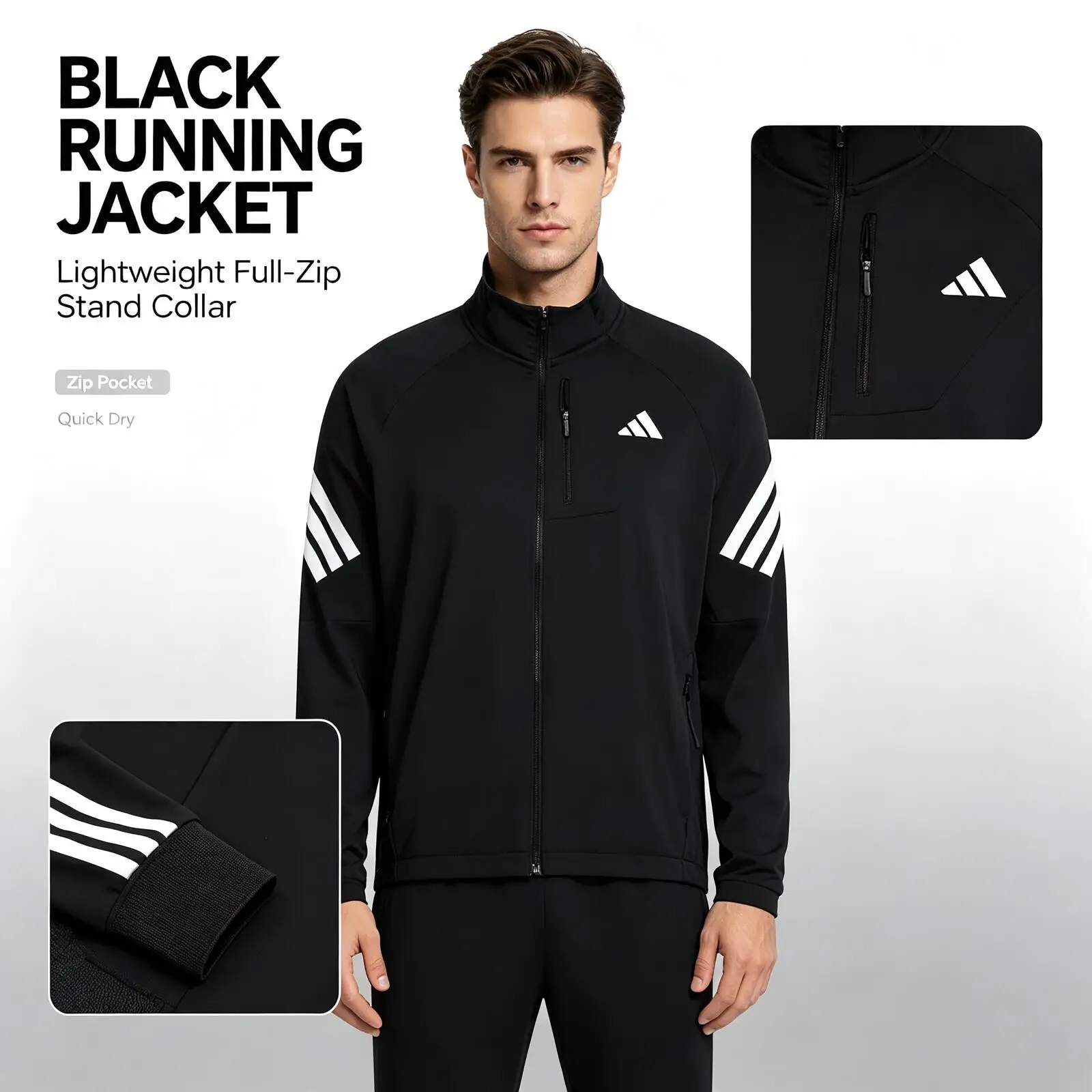 New Adidas Black Stand Collar Running Jacket Lightweight Full-Zip Sports Jacket Breathable Training Top with Zip Pocket
