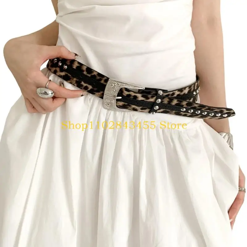 49MC Stylish Leopard Print PU Leather Waist Belt For Women Daily Outfit Carved Buckles Waist Strap For Jeans Pants Office and