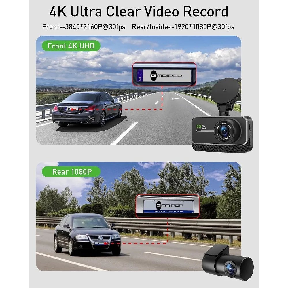 4K Wifi 3 Channel Dash Cam Night Vision Loop Recording & 2