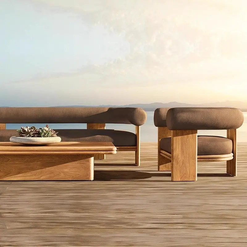 Wabi Sandy Wind Outdoor Teak Sofa Courtyard Outdoor Waterproof Sun Protection Leisure Villa Hotel Terrace Solid Wood Furniture