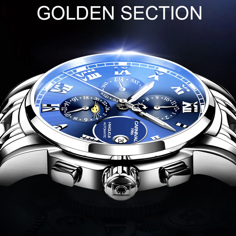 Carnival Brand Multifunction Moon Phase Mechanical Watch for Men Stainless Steel Waterproof Calendar Week Automatic Watches Mens