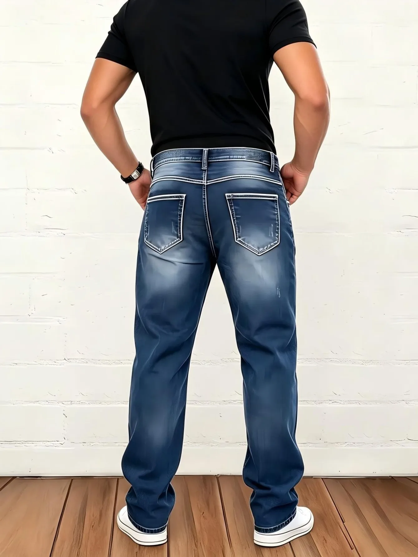 【HME】Men's Jeans | Decorative White Stitching Denim Pants For Men, Dark Gradient Washed Denim Trousers, Loose Straight Leg Cut, Faint Distressed Details, Classic 5 Pockets, Button Zipper Fly, Street Style Male Casual Denim Bottoms