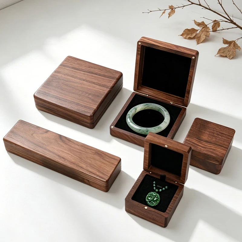 Walnut Solid Wood Jewelry Box with Window Lid, Velvet Interior Storage Case for Jade Bangle Pendant Necklace Buddhist Beads, Gif