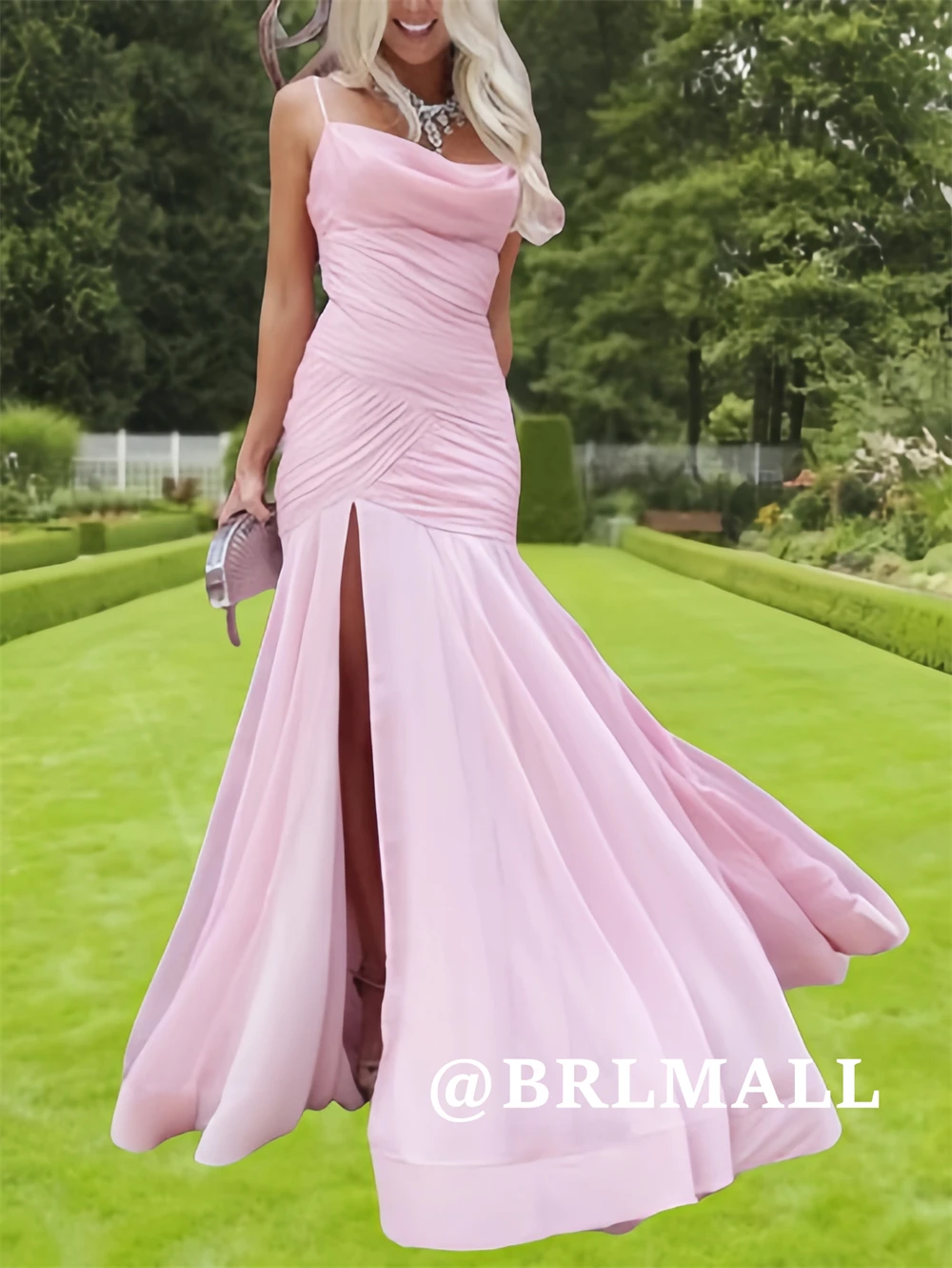 

BRLMALL милое розовое шифоновое платье для женщин на тонких бретельках русалка плиссированные длинные вечерние платья по индивидуальному заказу плиссированные женские вечерние