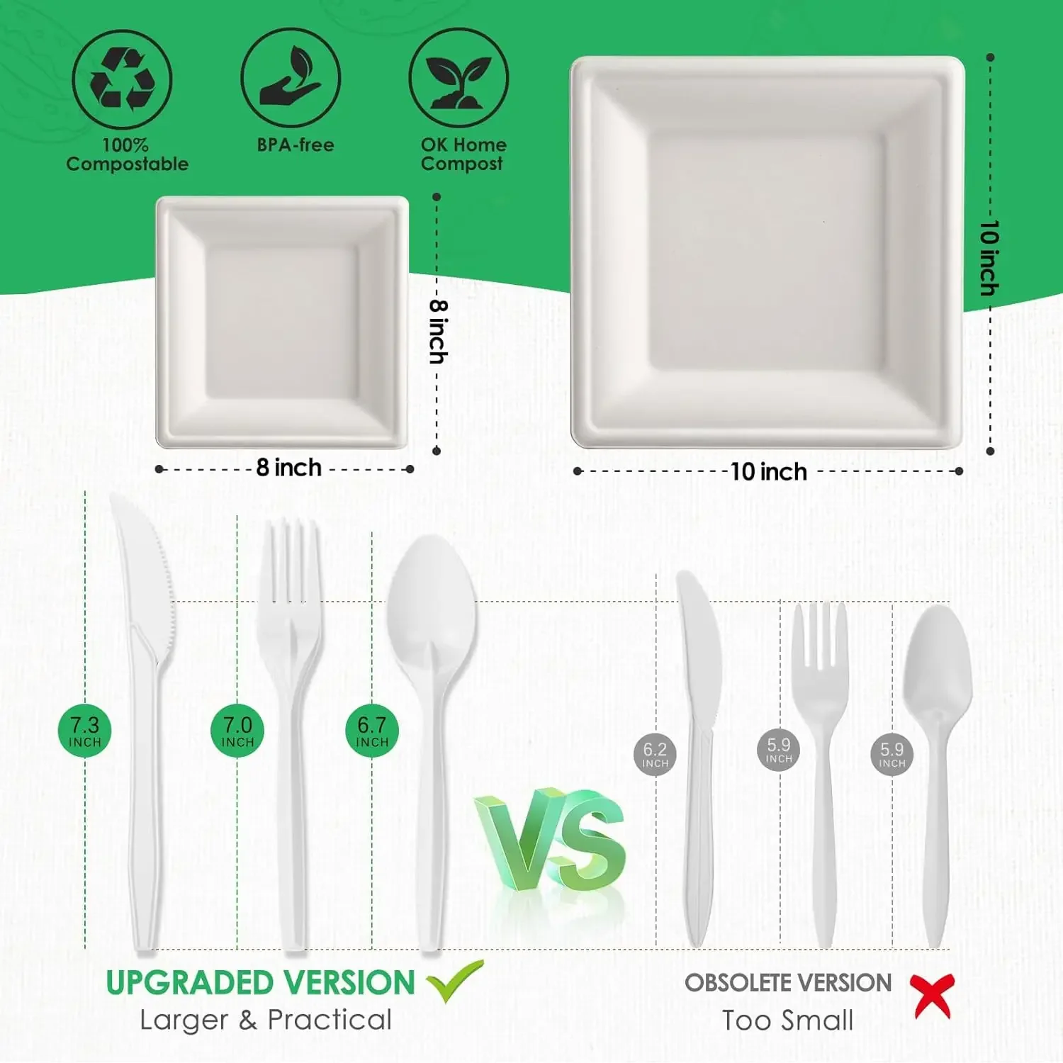 Gezond Compostable Paper Plates Set 300pcs Disposable Sugarcane Plates 10 Inch Eco-friendly White Square Plates with Napkins